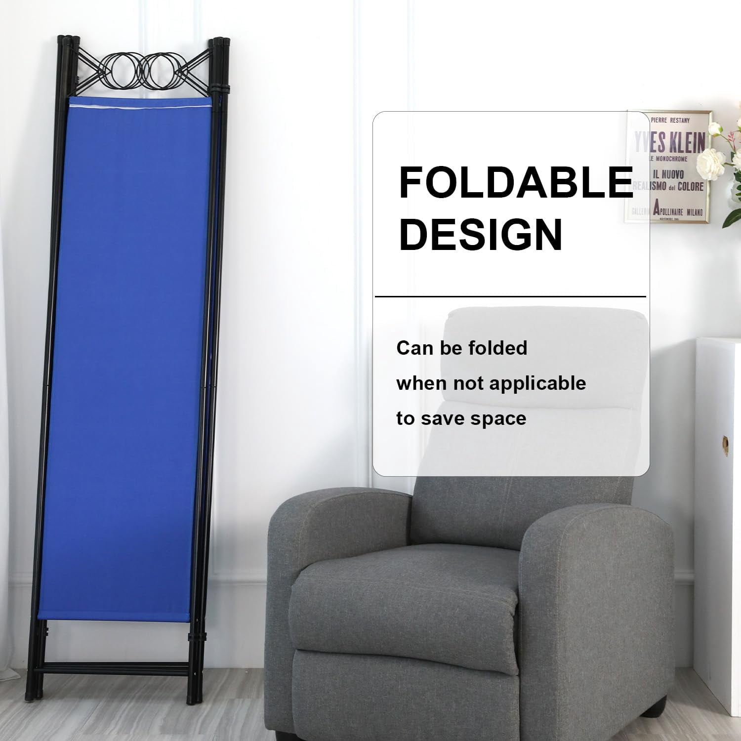 BIQWBIC 4-Panel Room Dividers and Folding Privacy Screens, 6.8 Ft Fabric Partition Screen, Blue