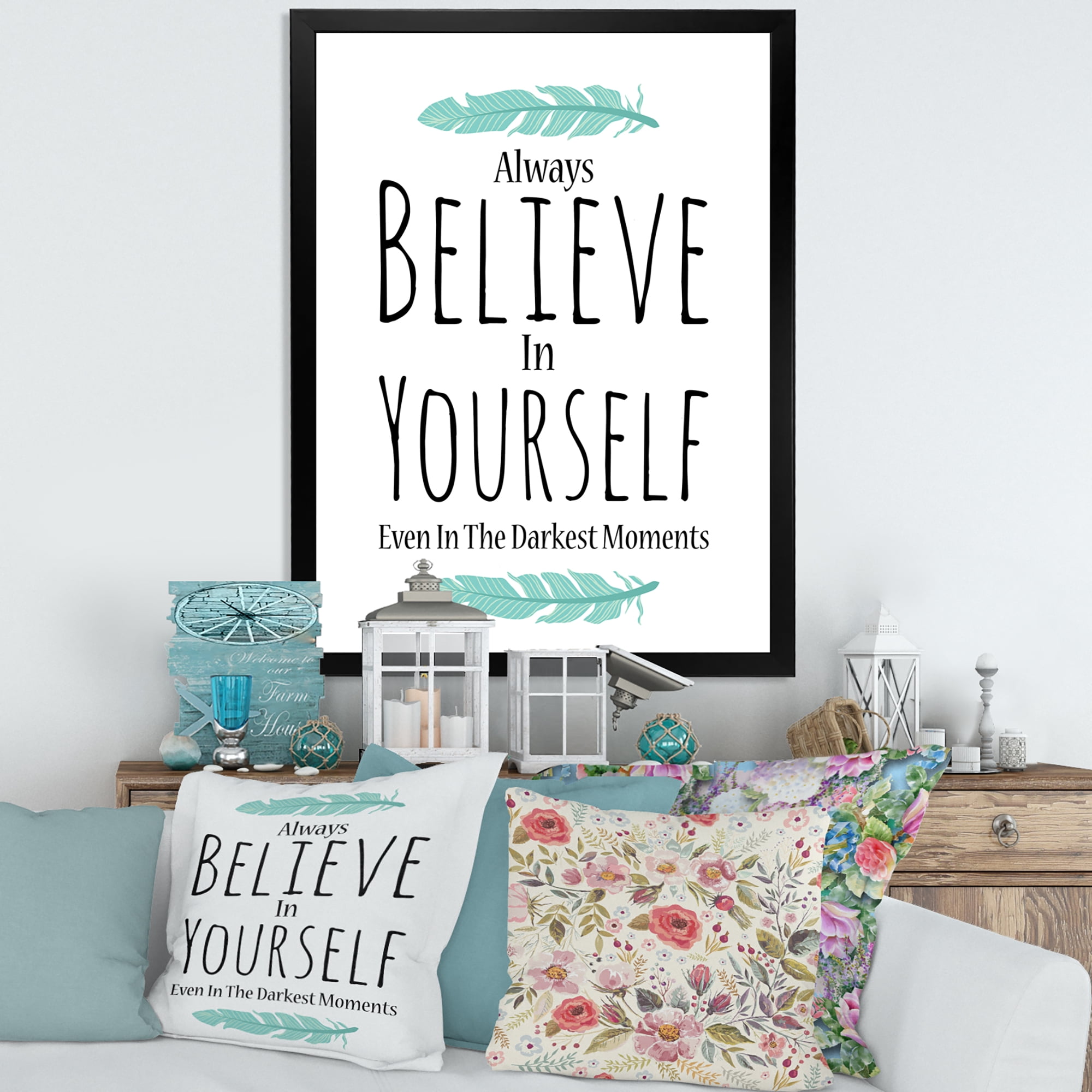 Designart 'Believe In Yourself Quote On White' Traditional Framed Art Print