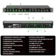 Professional Audio Compressor, 2 Channel Black Dynamic Processor with Noise Gate&Sidechain Insert Dynamic Effects Processor for Studio, Live & Streaming – 1U Rackmount, XLR/TRS Inputts