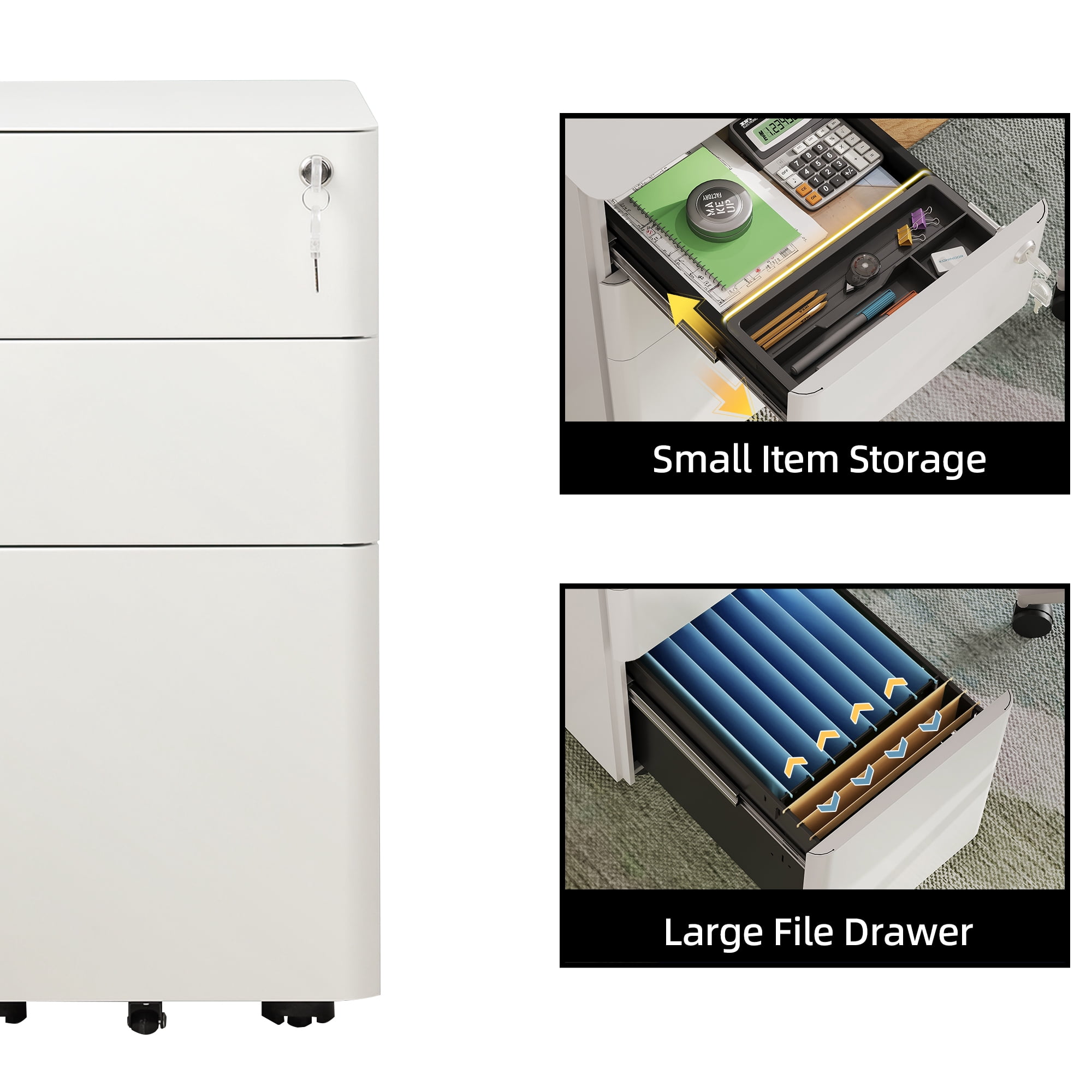 GALAXHERO 3 Drawer Metal File Cabinet with Lock, Vertical Rolling Filing Cabinet for Home Office, Fits A4/Letter/Legal, White