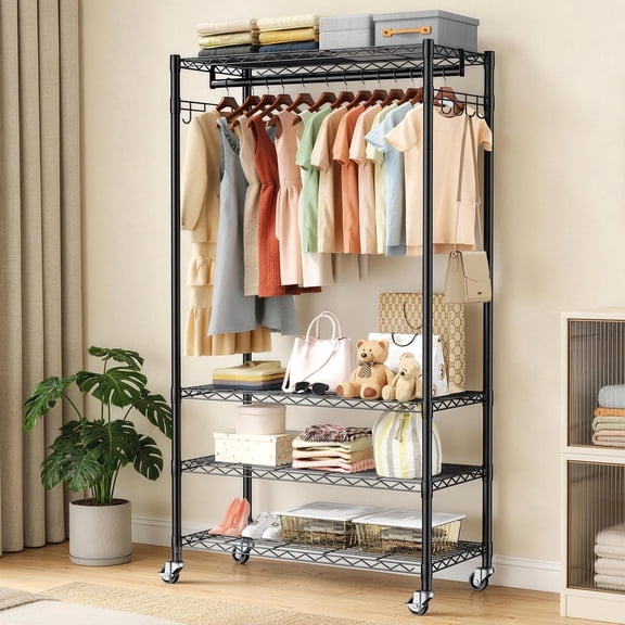 LZNIOZ Rolling 4-Shelf Clothes Rack with Wheels and Side Hooks Large Heavy Duty Metal Garment Rack Closet Organizer