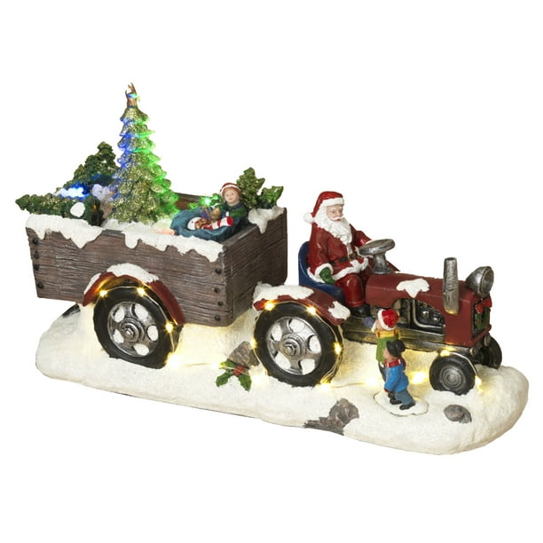 Light Up Holiday Resin Antique Santa on Tractor Figure Moving Tree