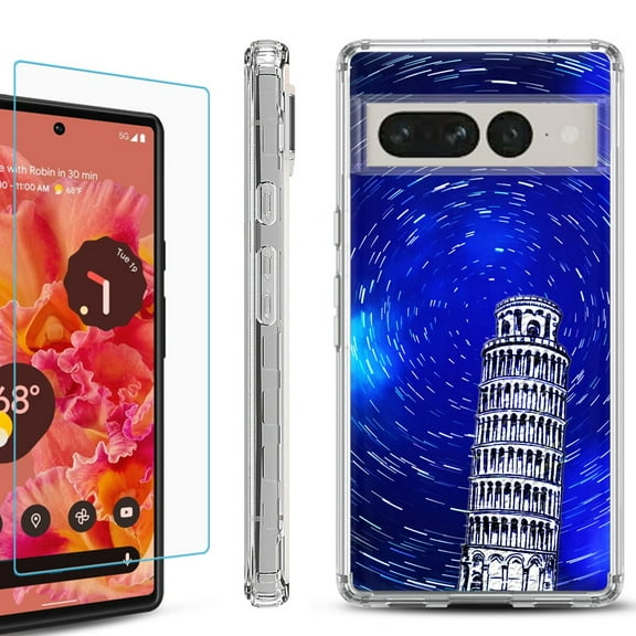 Shockproof Bumper Phone Case for Google Pixel 7 Pro, with Tempered Glass Screen Protector, by OneToughShield ® - Tower of Pisa