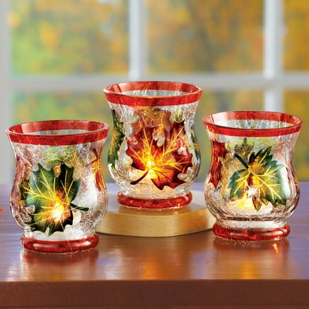 Glass Candle Holder Set with Hand Painted Leaves, Red and Green Fall Home Decor, 3 (Best Fall Candles 2019)