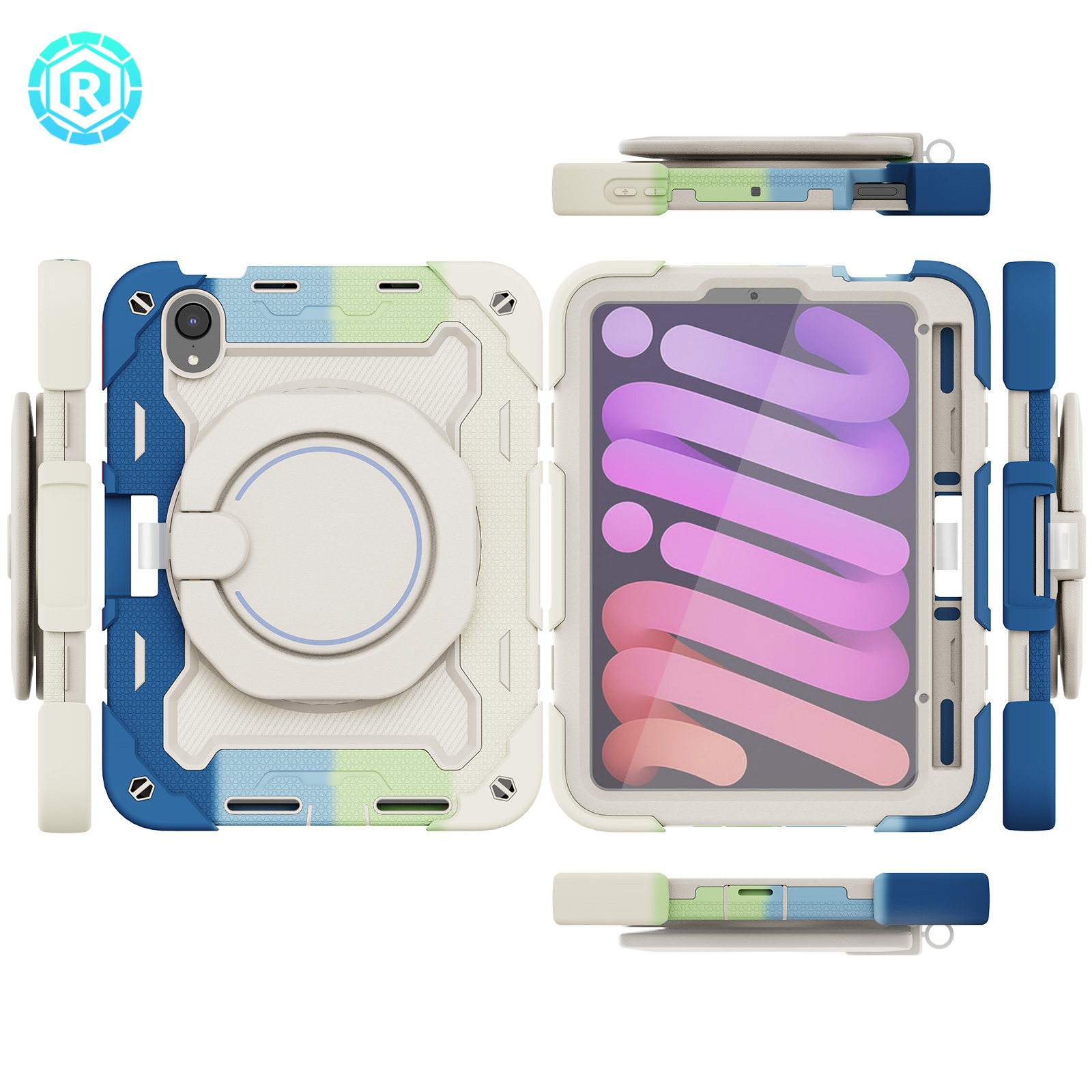 3-in-1 Case for Apple iPad Mini 2021 (8.3 Inch, 6th Generation) Tablet - Shockproof Drop Proof Rugged Cover, Built-in Pencil Holder /Kickstand /Handle, Protective Hard Shell (Rainbow Blue)
