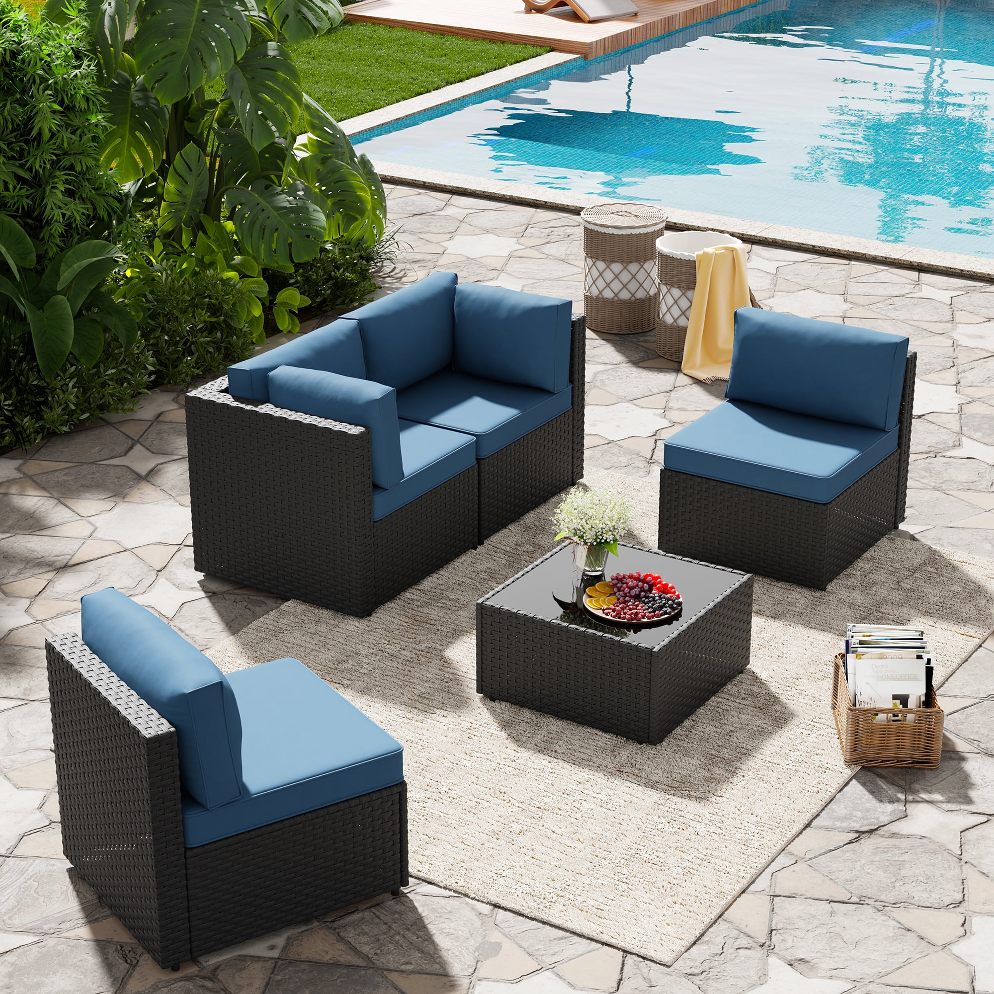 Walsunny 5 Pieces Outdoor Furniture Patio Sectional Sofa Set, Wicker Rattan Conversation Sets with Cushions and Glass Table, Black Rattan Dark Blue Cushions