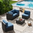 thumbnail image 5 of Walsunny 5 Pieces Outdoor Furniture Patio Sectional Sofa Set, Wicker Rattan Conversation Sets with Cushions and Glass Table, Black Rattan Dark Blue Cushions, 5 of 8