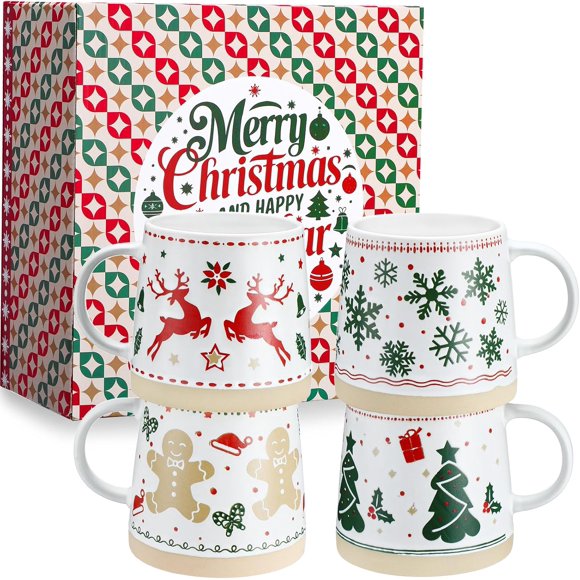 Christmas Mugs Set of 4, 14 oz Festive Holiday Coffee Mugs Christmas Ceramics Cups Gingerbread Pattern Gift for Tea and Coffee with Box