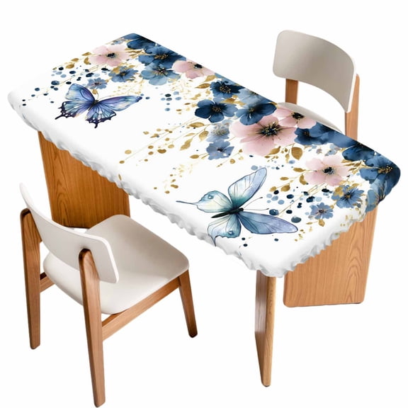 Navy Blue Spring Floral Table Cloths for 4 Foot Rectangle Tables, Farmhouse Butterfly Watercolor Patio Waterproof Elastic Fitted Tablecloths, Washable Rectangular Table Cover for Camping