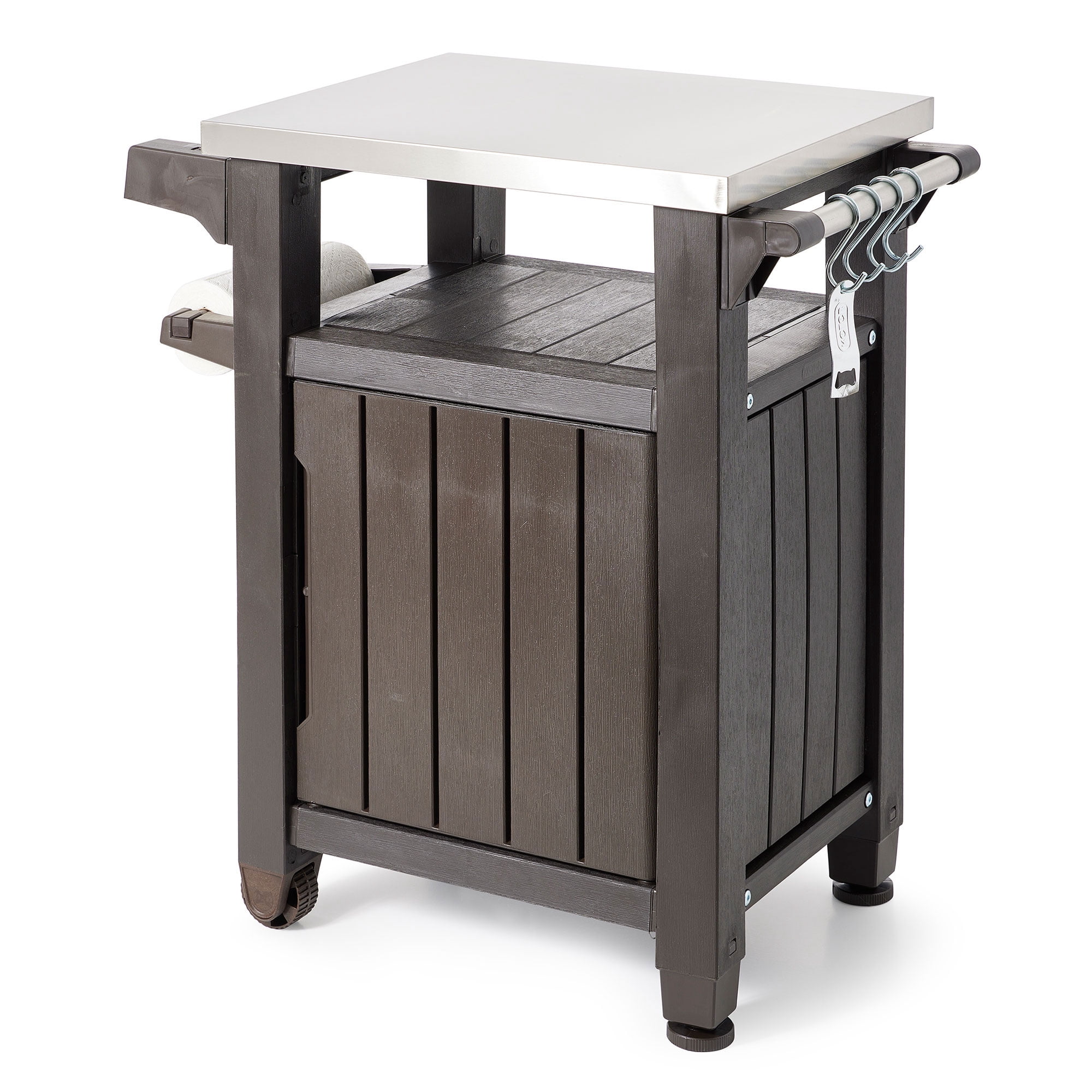 Keter Unity 40 Gal Grilling Bar Cart w/ Circa 37 Gal Round Deck Box, Brown