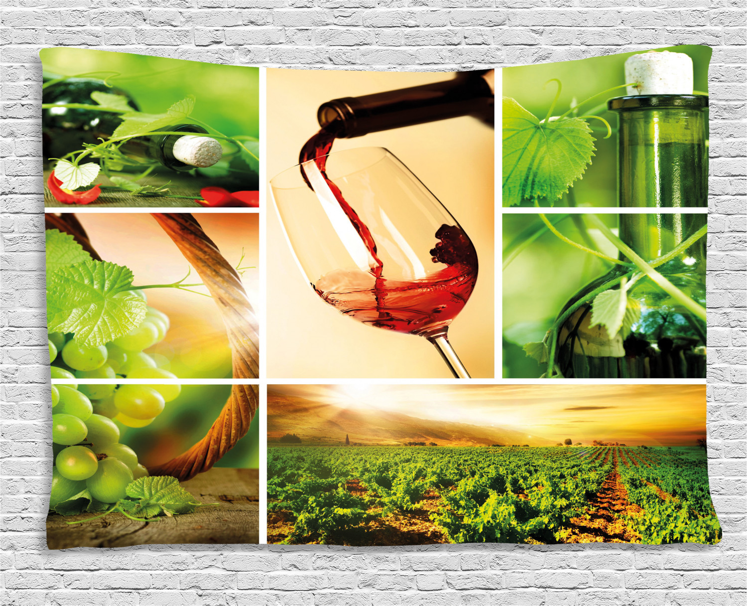 Wine Tapestry, Wine Tasting and Grapevine Collage Green Fresh Field