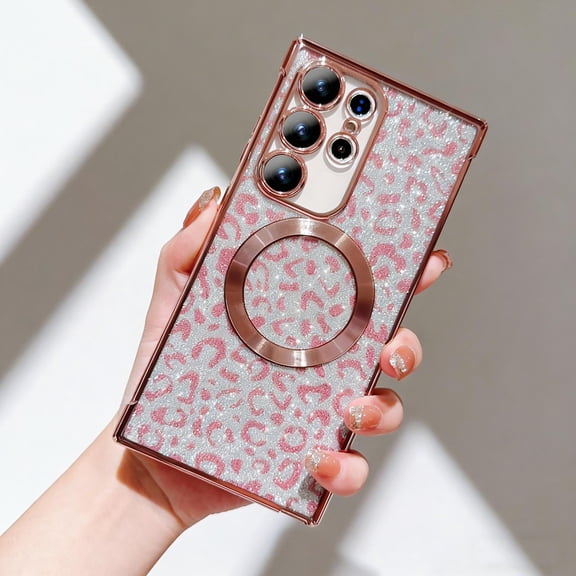 for Samsung Galaxy S22 Ultra Magnetic Case, Leopard Pattern Plating Phone Case, Compatible with Mag-Safe, Bling Sparkly Military Grade Drop Protection Cover for Samsung Galaxy S22 Ultra, Pink
