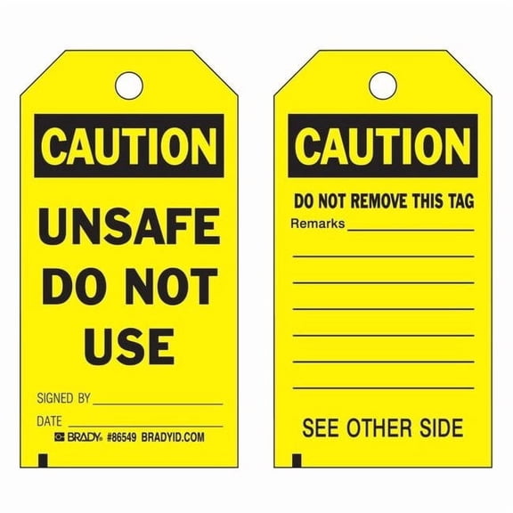 Brady Caution, Unsafe Do Not Use, 3 in W x 5 3/4 in H, Rectangle, 10 PK 86549