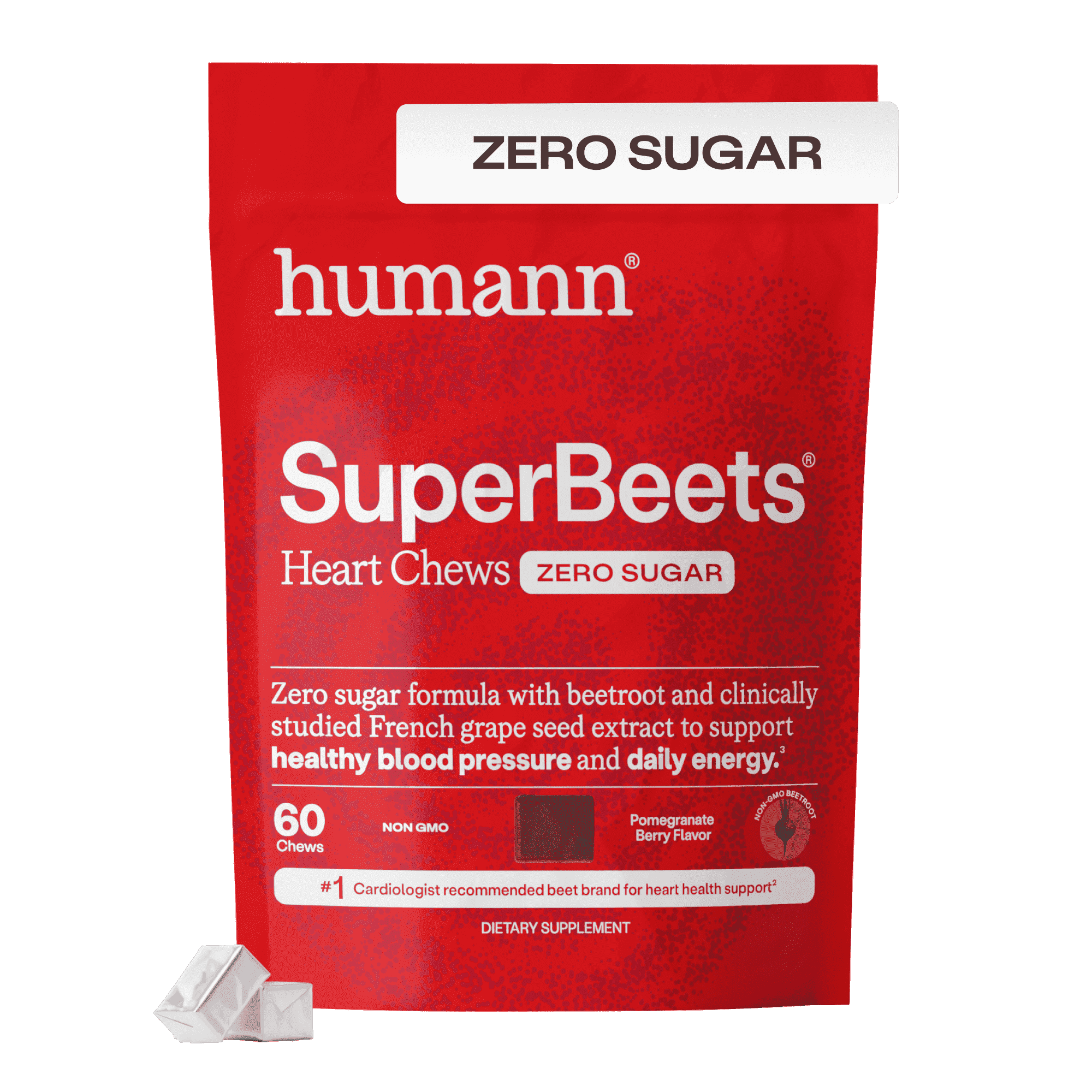 Humann SuperBeets Heart Chews Zero Sugar, Nitric Oxide and Blood Pressure Support, Grape Seed Extract & Non-GMO Beet Root Powder Energy Supplement, Pomegranate Berry Flavor, 60 Count