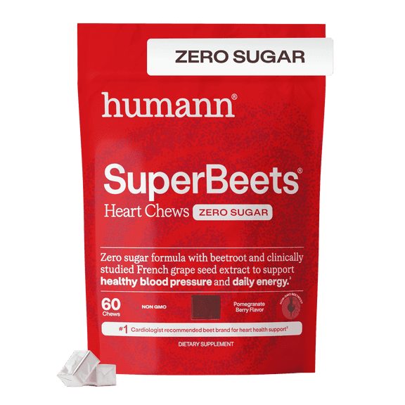 Humann SuperBeets Heart Chews Zero Sugar, Nitric Oxide and Blood Pressure Support, Grape Seed Extract & Non-GMO Beet Root Powder Energy Supplement, Pomegranate Berry Flavor, 60 Count
