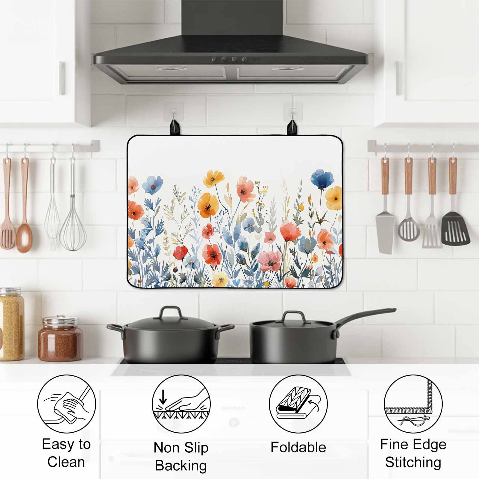 Spring Floral Stove Top Cover for Electric Stove, Heat-proof & Non Slip Glass Top Stove Cover Protector, Watercolor Elegant Summer Botanical Kitchen Flat Cooktop Rubber Mat 24x21 Inches