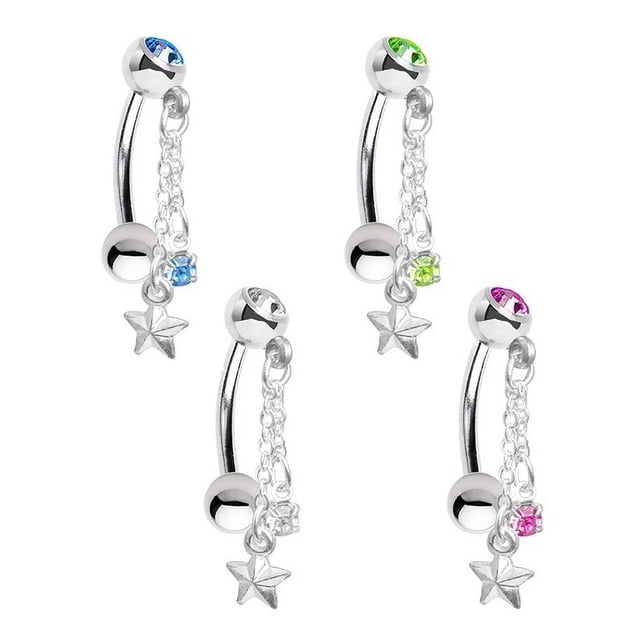 Star Design Reverse Dangle Belly Ring CZ Gem 14ga 316L Surgical Steel