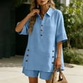 thumbnail image 5 of Womens Plus Size Cotton Linen Shorts Sets Summer Outfits with Button, Oversized Tops and Bermuda Shorts 2 Piece Matching Lounge Sets Tracksuits, Travel Vacation Going Out Suits 2026 Blue L, 5 of 8
