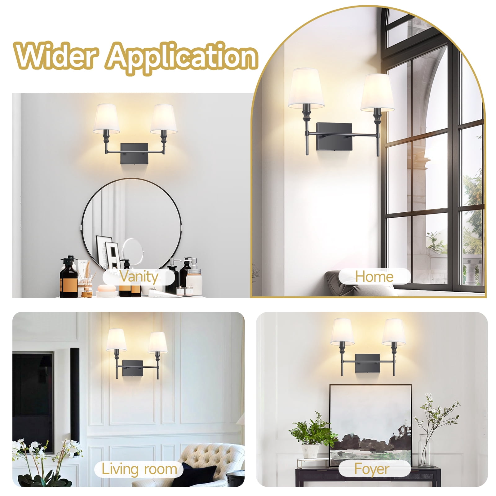 2-Light Vanity Lights for Bathroom,18.5 in Vintage Black Bathroom Vanity Light Fixtures,with Flared White Fabric Lampshade for Bedroom,Living Room,Foyer,Hardwired,E12 Base