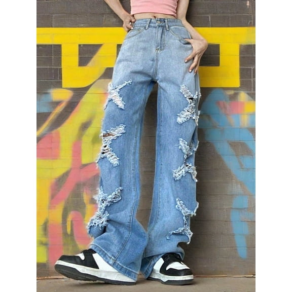 Jeans For Women Y2k Hip Hop Street Trend Long Denim Pants High Waisted Jeans Ripped Loose Jeans X Ripped Design Light Blue Wash Fashion Casual