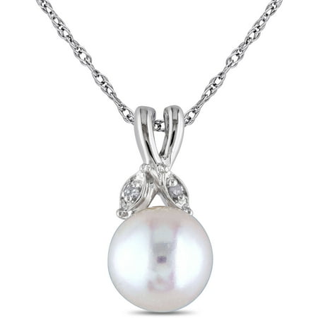 Miabella 7.5-8mm White Cultured Freshwater Pearl and Diamond-Accent 10kt White Gold Pendant, 17