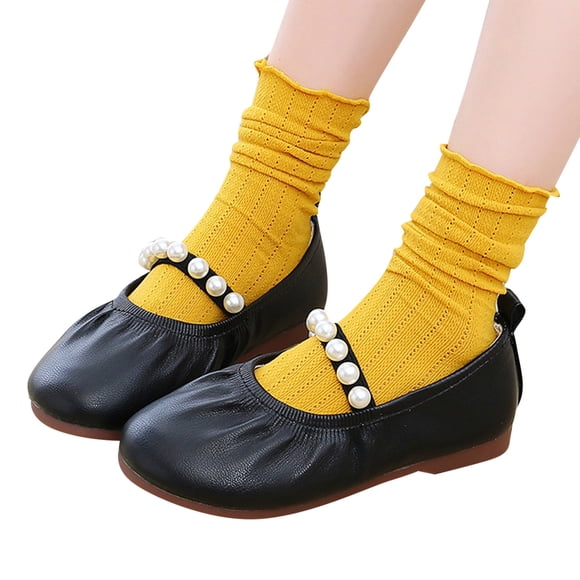 GiLiling Girls Mary Jane Ballet Flats, Girls Flats with Pearl Elastic Strap Ruched Soft Upper Non-Slip Sole Dress Shoes for Parties Weddings (Black, 3.5 Years)