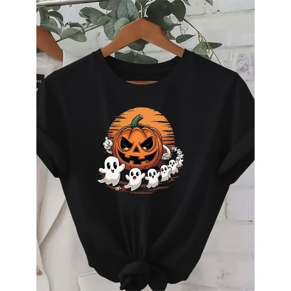Spooky Halloween Pumpkin Ghost Women's T-Shirt,Comfortable Bat Design Graphic Tee, Halloween Party Costumes, Casual Streetwear Tees,Funny,cotton,black,S-5XL
