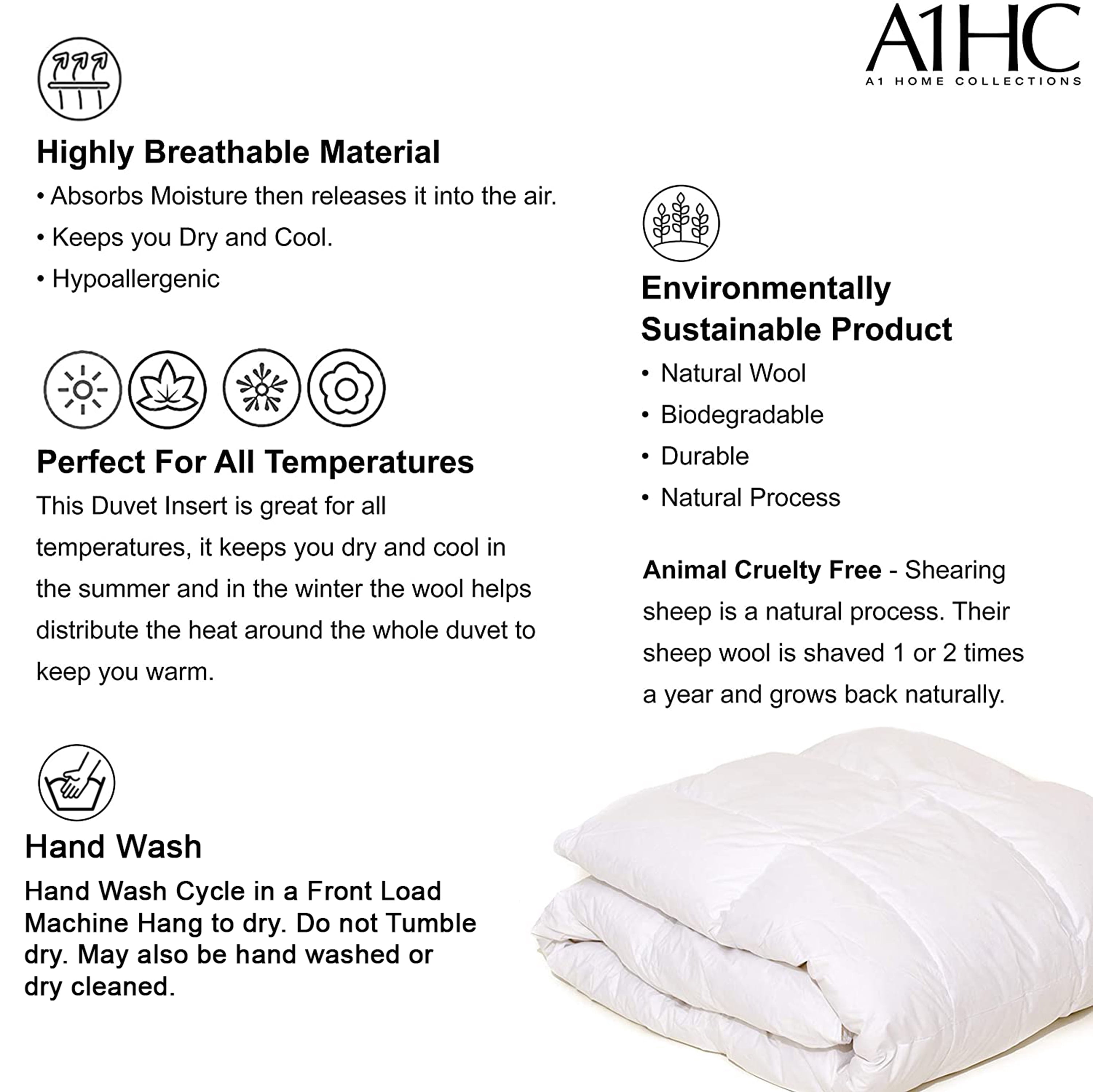 A1 HOME COLLECTIONS A1HC 100 New Zealand Wool Organic Duvet Insert Stand Alone Comforter Twin 68 X 86 200 GSM
