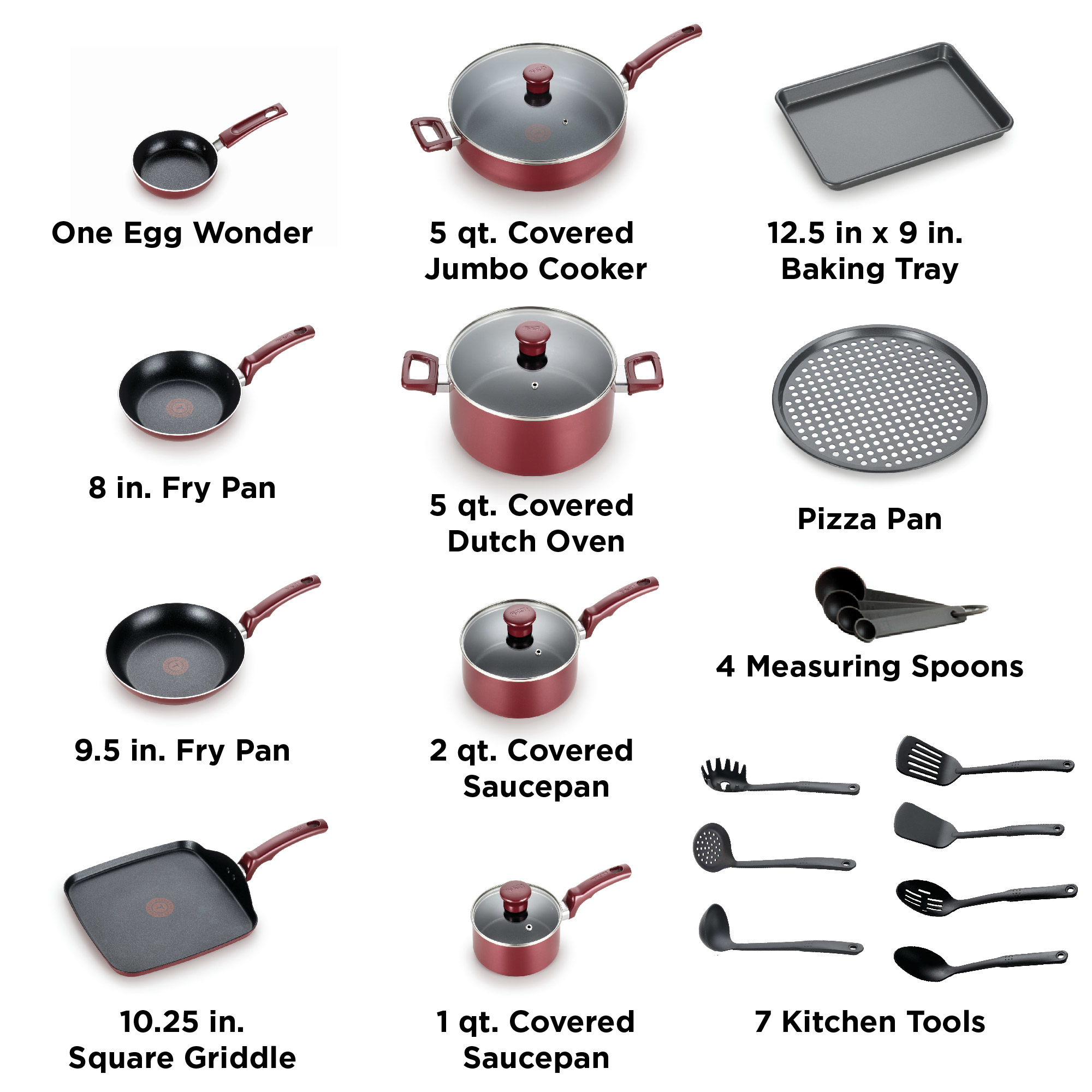T-fal Kitchen Solutions 22-Piece Nonstick Cookware Set, Thermospot, Red - image 3 of 11
