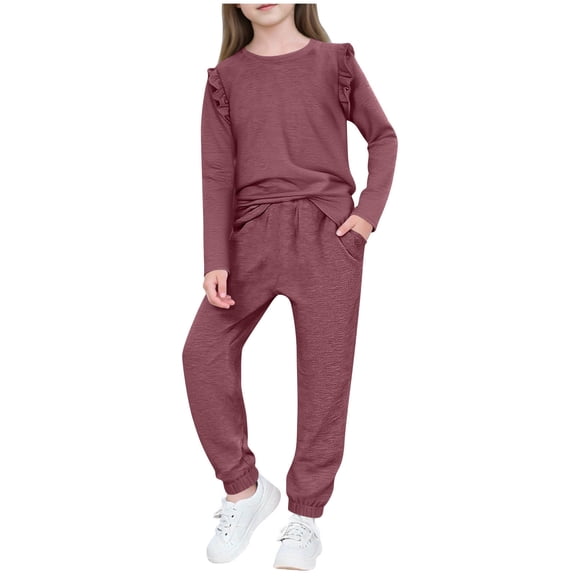 OGLCCG Girls 2 Piece Set Ruffle Long Sleeve Pullover Top and Wide Leg Jogger Pants Lightweight Solid Color Spring Outfits Lounge Sets 4-13 Years