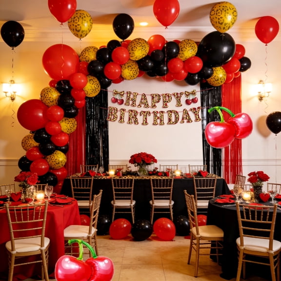 Leopard Cherry Retro Birthday Party Decorations Set - Stylish Red Black Theme for Women & Girls Gatherings