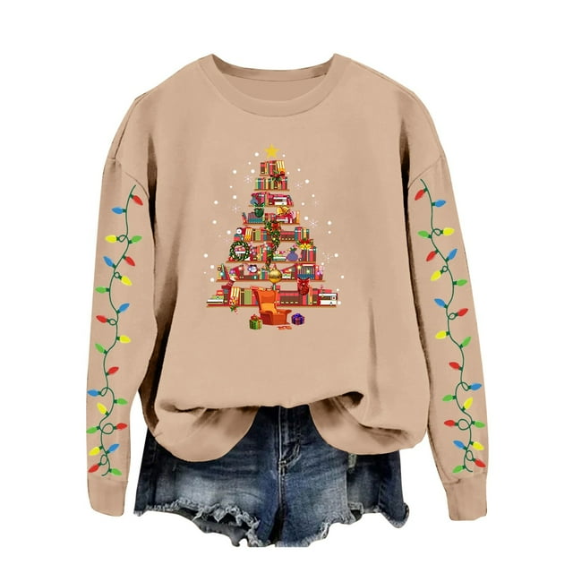 AWZXDE Chandail de Noël pour Femme, Cardigan à Enfiler avec Imprimé d'Arbre de Noël - Haut à Manches Longues à Col Rond pour Femme