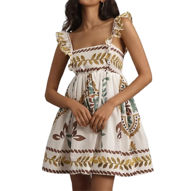 SUNSIOM Robe Sans Manches à Encolure Carrée à Volants Robe Fluide Bohème Courte Mini Robes