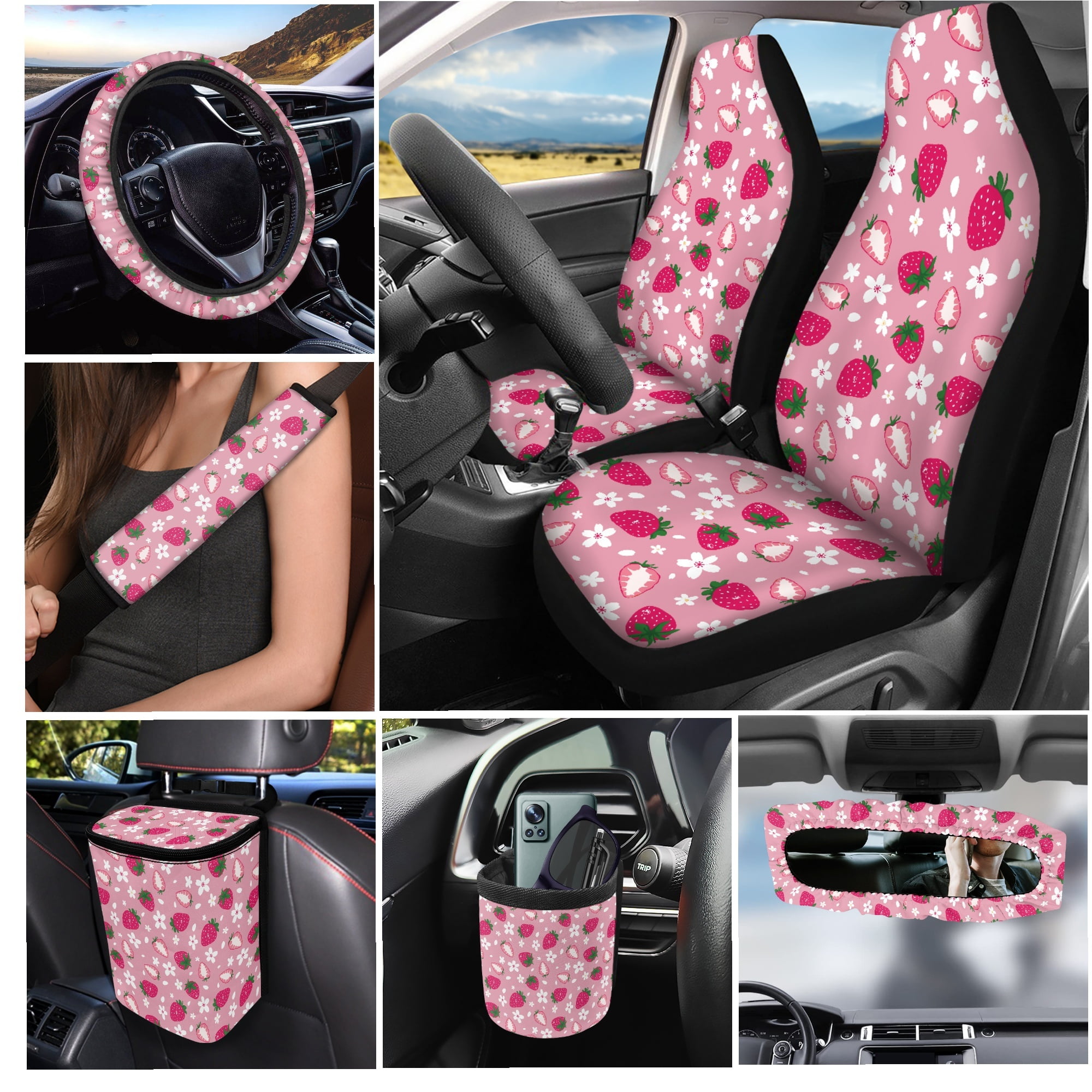 Yuyamidu Pink Strawberry Car Seat Cover Set 15 PCS Flower Steering Wheel Cover Seat Belt Cushion Pad Garbage Bag Air Vent Pocket Rearview Mirror Cover Coasters Keychain for SUV Sedan Van