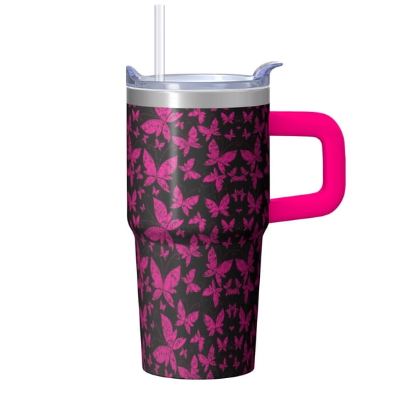 20OZ Travel Mug with Handle Straw and Insulated Design Stainless Steel Tumbler Leak Proof Lid Double Wall Vacuum Keeps Cold for 34 Hours Portable Cup Holder Fit Reusable Drinkware Butterfly Print