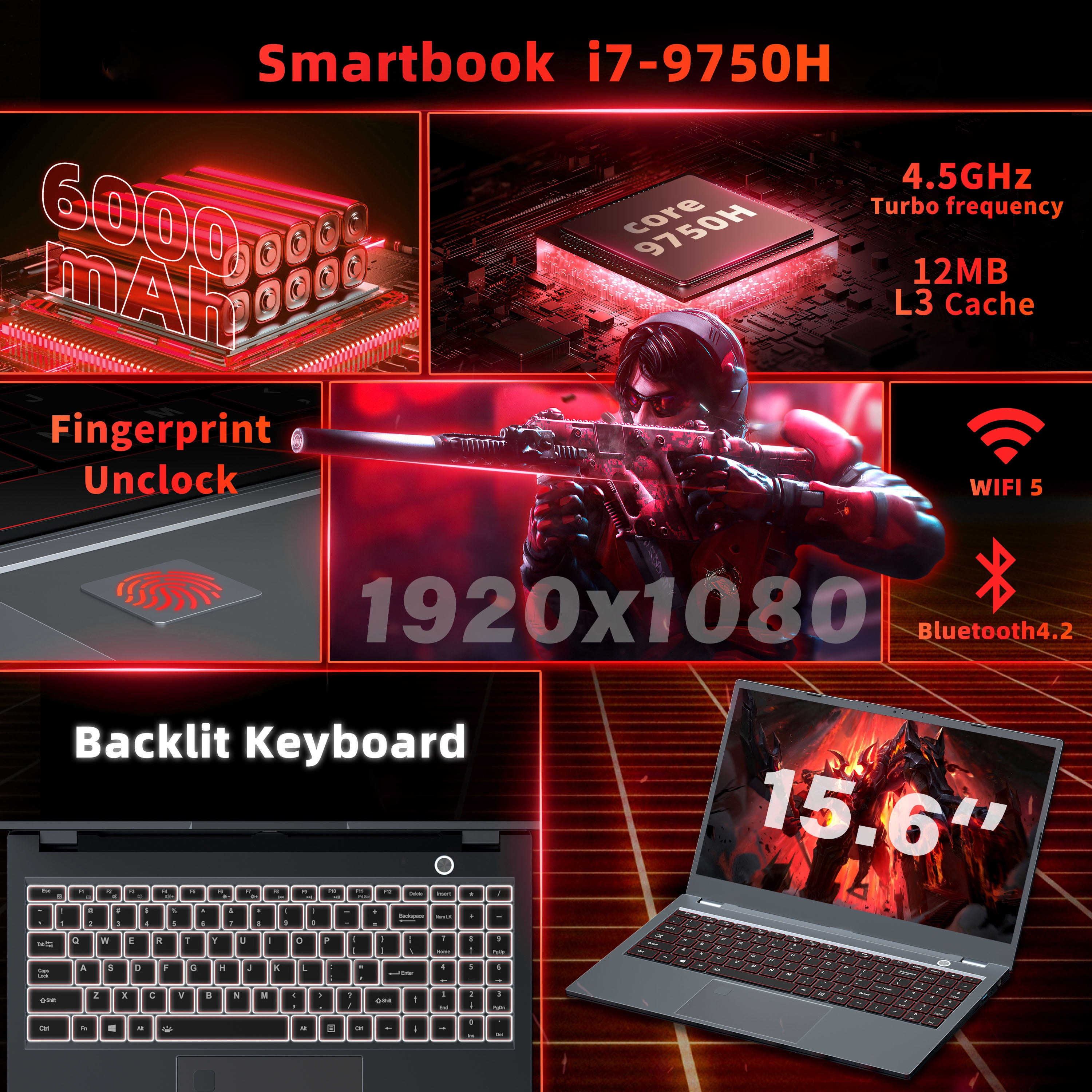 Rumtuk 15.6'' Core i7-9750H Gaming Laptop, 16GB DDR4 RAM, 1TB NVMe SSD, Win11 Pro/Office 2019, UHD Graphics 630, FHD IPS Display, USB3.0/BT4.2/WiFi 5/Type-C/ 6000Mah Battery