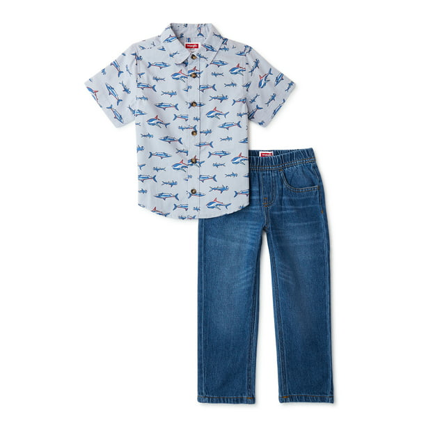 Wrangler Toddler Boys Short Sleeve Woven Shirt with Woven Pants Set, Sizes  12M-5T 