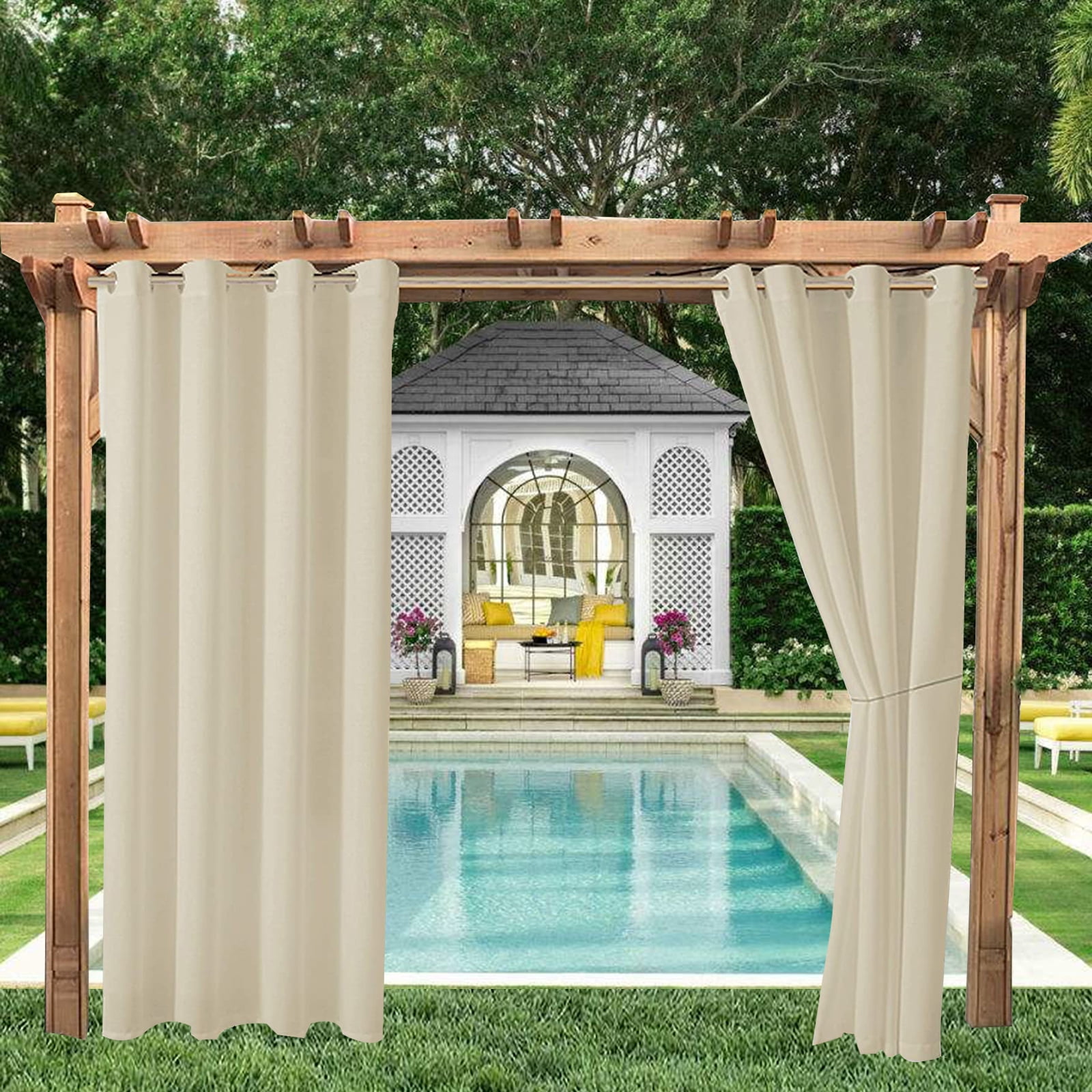 (2 Panel) SHANNA Outdoor Curtains for Patio Waterproof Cabana Grommet Curtain Panels, Beige, 52 x 108 inch, Set of 2
