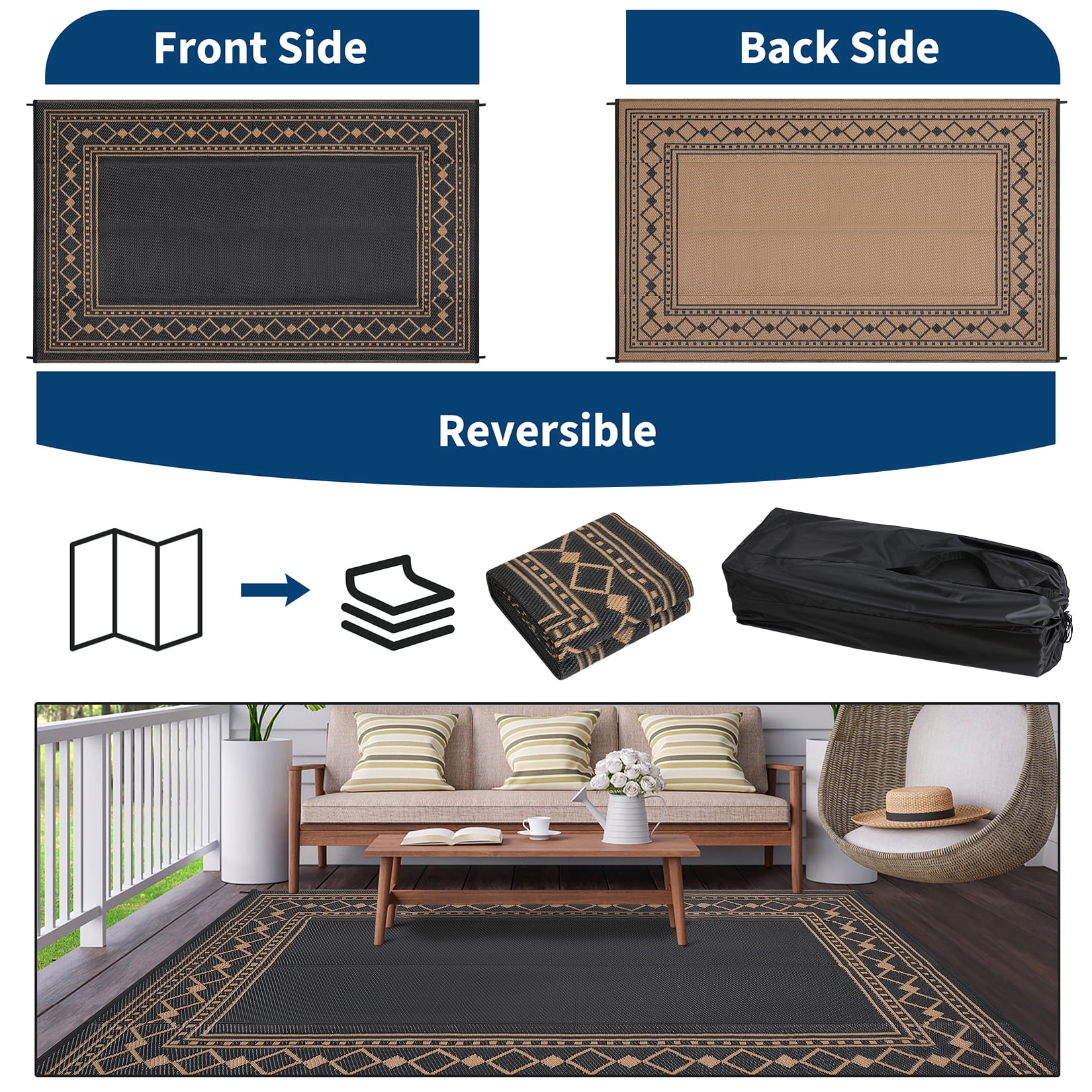 Hasoo 9' x 12' Black/Brown Outdoor Rug Plastic Straw Border Carpet Waterproof PP Tube Woven Portable Mat for Patio Decor, Balcony, Picnic