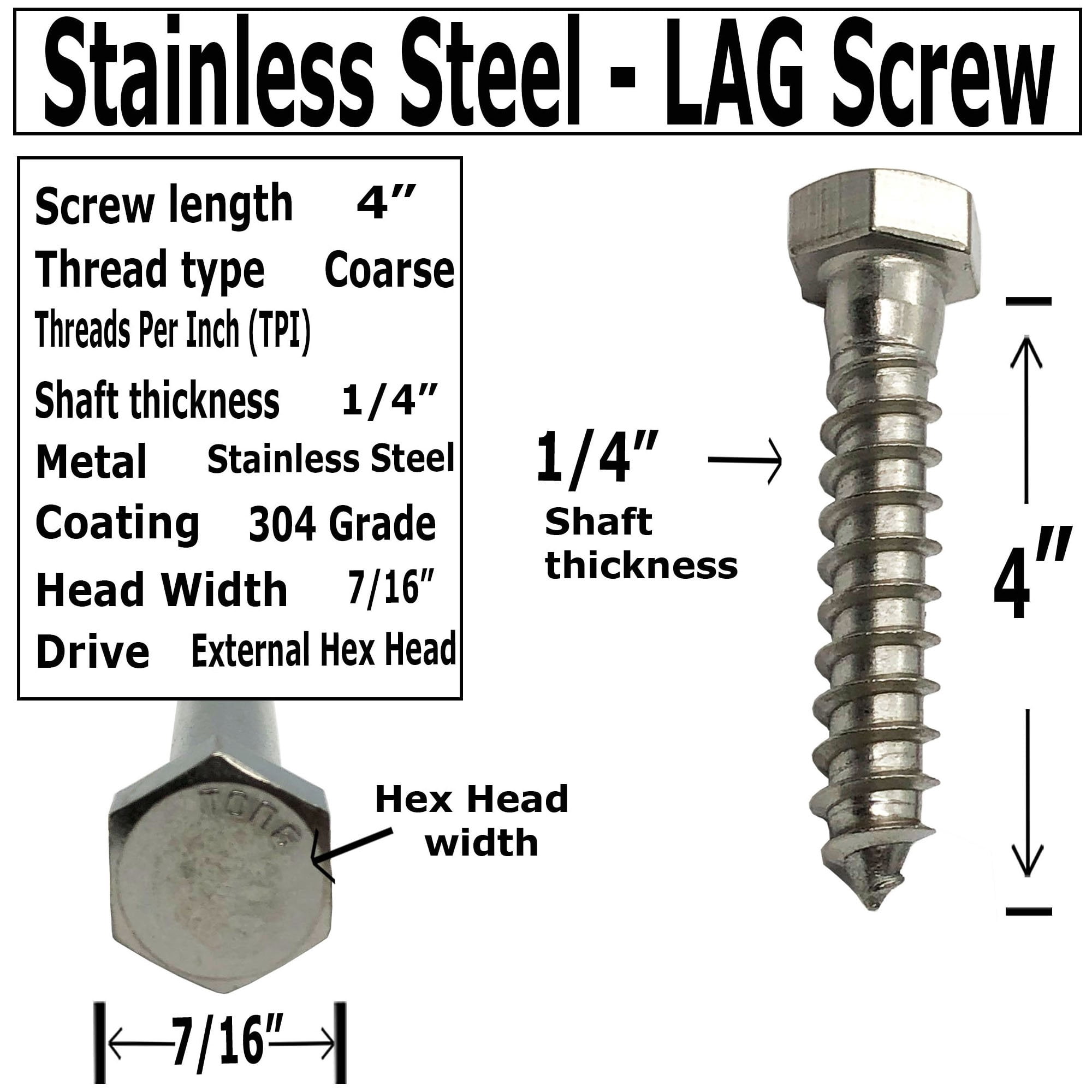 1/4" X 4" - 304 Grade Stainless Steel lag screws, Hex head fasteners, stainless steel screw. Use as Construction, wood, metal, lag screw or mounting screws fasteners lag bolts. Heavy duty screws. 25