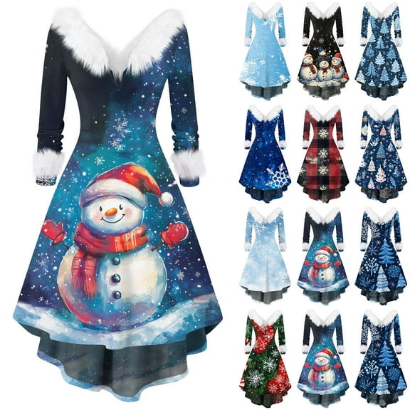 Christmas Dresses for Women Women's Fashion V-neck Casual Fit Christmas Print Party Long Sleeve Dress with Fur for Festive Occasion,Black,L