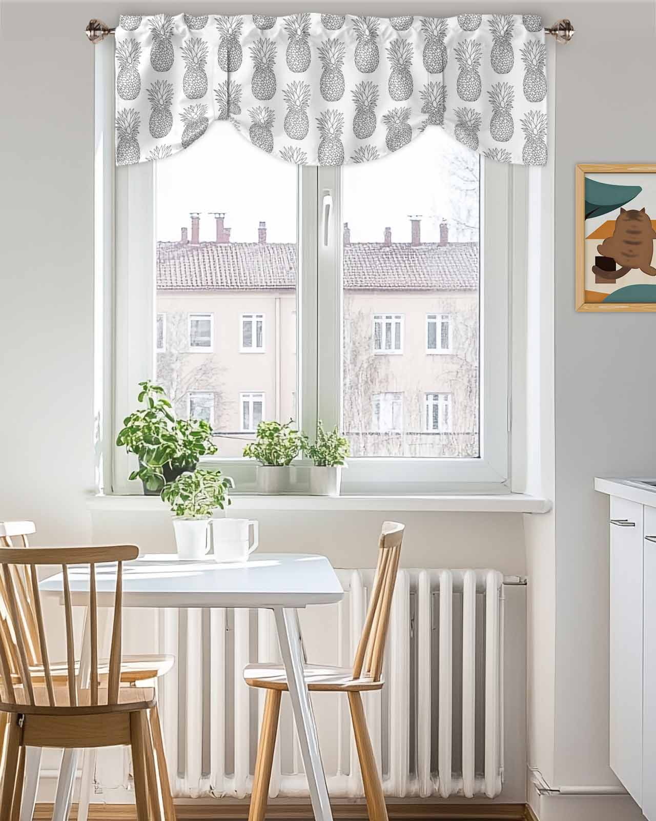 Gray Pineapple Tie Up Valances Curtain, Adjustable Kitchen Simple Cartoon Fruit Valances for Windows Decor, Rod Pocket Short Curtains Set for Bedroom/Bathroom, 60"x18"