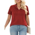 thumbnail image 2 of Plus Size Shirts for Women Trendy Polo Blouses Lightweight V Neck Tops Red Pleated Short Sleeve Tunics 2XL, 2 of 5