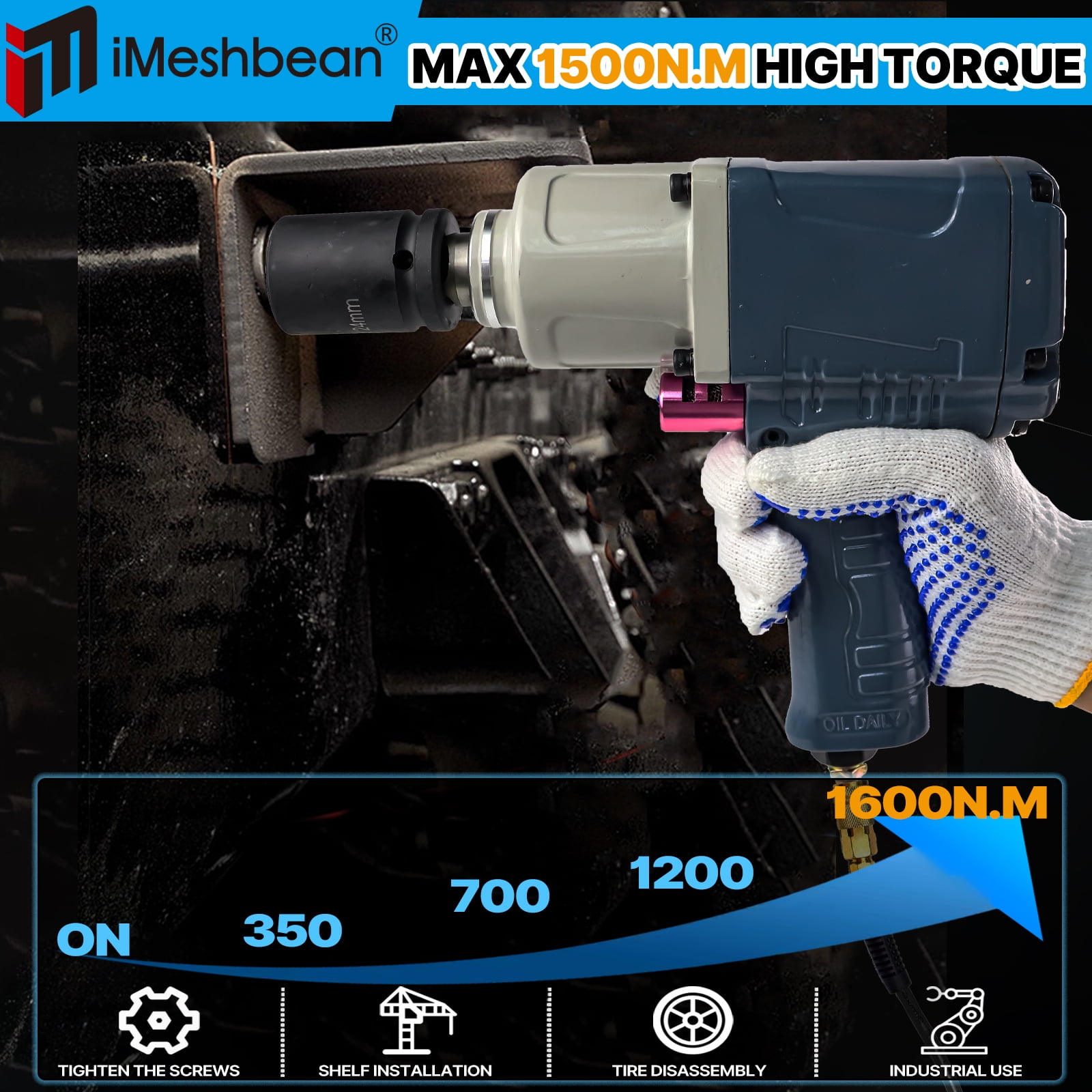 iMeshbean 3/4" Air Impact Wrench 1180ft-lbs. Twin Hammer Pneumatic 3-Torque+3 Sockets