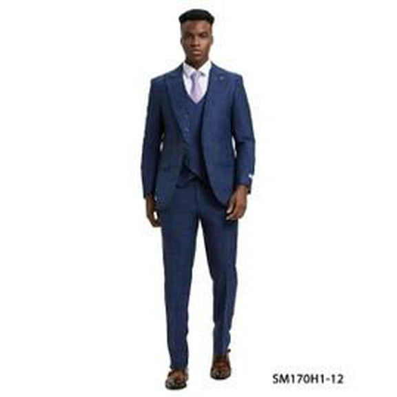 Stacy Adams Men's Blue Plaid 3 Piece Suit DB Vest SM170H1-12