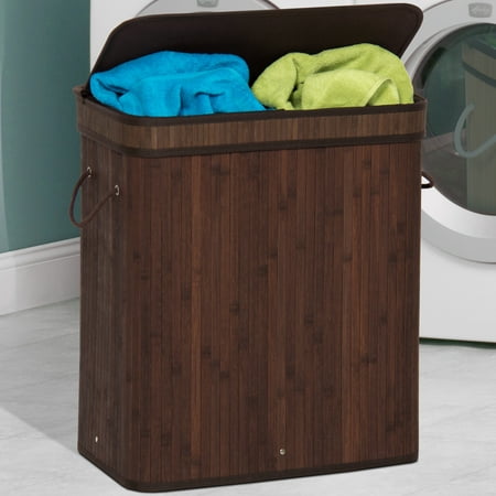 Best Choice Products Foldable Double Section Bamboo Hamper Laundry Basket w/ Removable Liner Bag - Dark