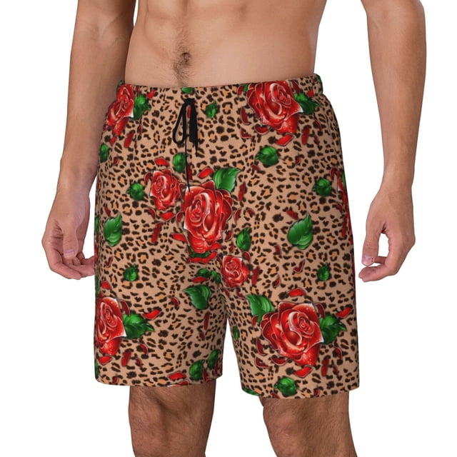 Fotbe Rose Mix Leopard 1 Traje de Baño para Hombre – Shorts de Natación de Secado Rápido con Forro y Bolsillos-Small