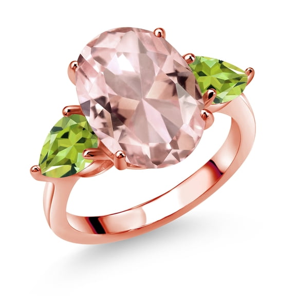 Gem Stone King 18K Rose Gold Plated Silver Peach Nano Morganite and Green Peridot Ring for Women (10.57 Cttw, 14X10MM Oval and 7X5MM Pear Shape, Gemstone October Birthstone, Size 9)