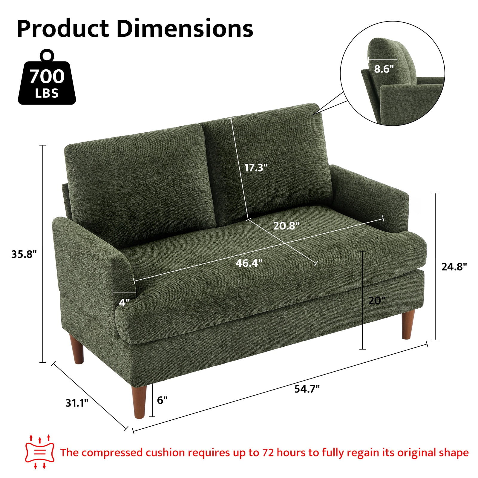 JURANYAZHU 54.7" Wide Chenille LoveSeat Comfortable Soft-Cushioned for Living Rooms and Small Spaces,Green