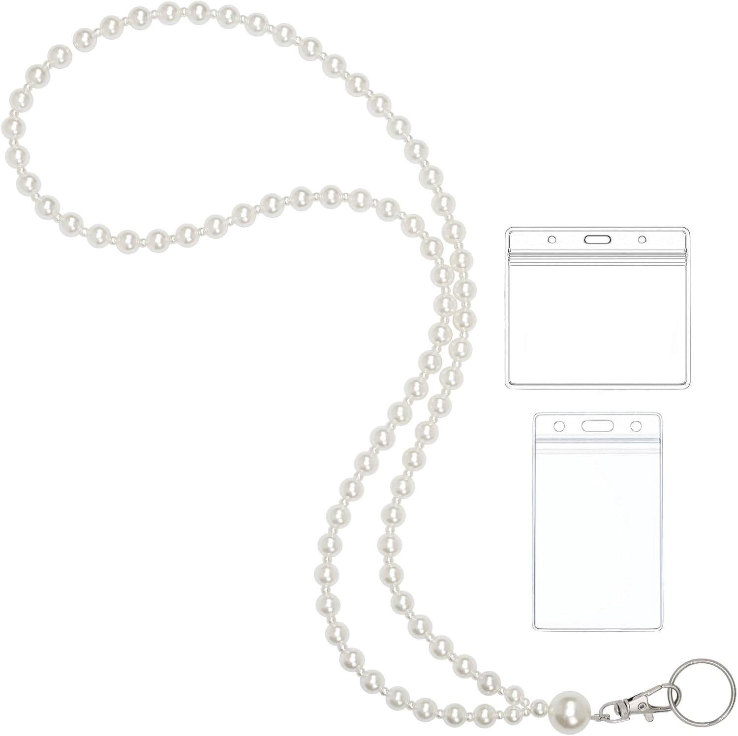 Middle White Pearl Lanyard for Women for ID Badges Name Tag and Keys Light Weight Acrylic Faux Pearls Sweet Teacher Lanyards Holder$$Office